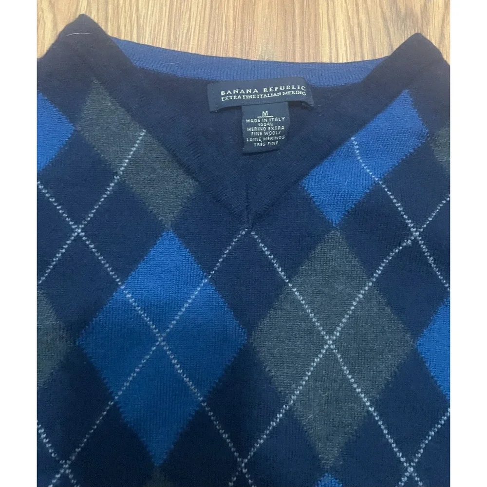 Banana Republic Sweater Mens Medium Italian Merino Argyle V Neck Navy